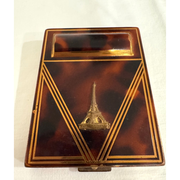 Vintage Eiffel Tower Powder Compact Tortoise Made In France Art Deco w Mirror - Picture 1 of 10